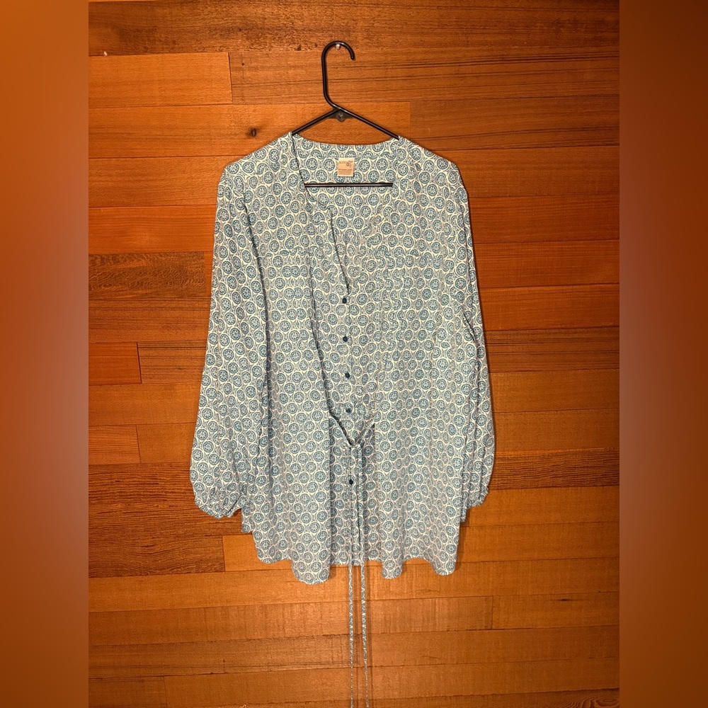 Terra & Sky Light Blue and White Printed Button-Down Blouse